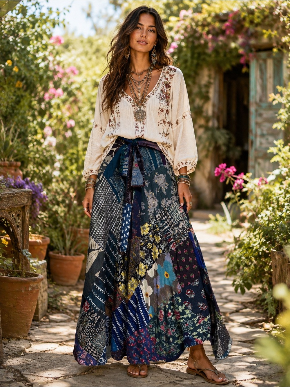 H272 NWT Jaded Gypsy OS Patchwork Tie Waist Maxi Wrap Skirt - Blue Multi